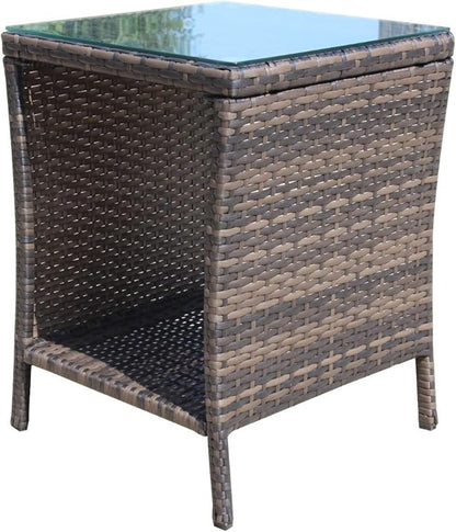 Rattan Side Table with Glass Top, Outdoor Wicker End Table for Patio, Porch, Garden, 19.25" Square, 21" Tall, 120 Lbs Capacity, Weather-Resistant PE Rattan, Easy Assembly