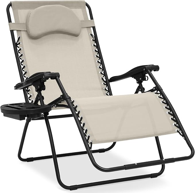 Best Choice Products Oversized Zero Gravity Chair, Folding Outdoor Patio Lounge Recliner w/Cup Holder Accessory Tray, Pillow - Ivory