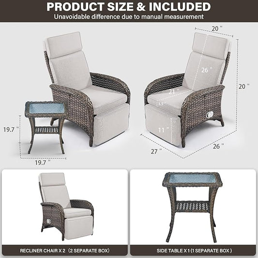 Belord Versatile Outdoor Recliner Chair Set of 3 - Reclining Patio Chair with Adjustable Backrest and Footrest, All-Weather Wicker Chaise Lounge Chair Outdoor with Side Table for Pool Deck Brown