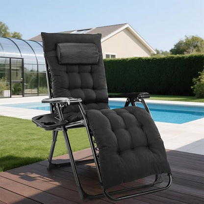 DUMOS Set of 2 Zero Gravity Chair, Reclining Camping Lounge Chair for Outdoor, Reclining Patio Chairs with Cup Holder Trays and Removable Cushion, Folding Recliner for Indoor, Black