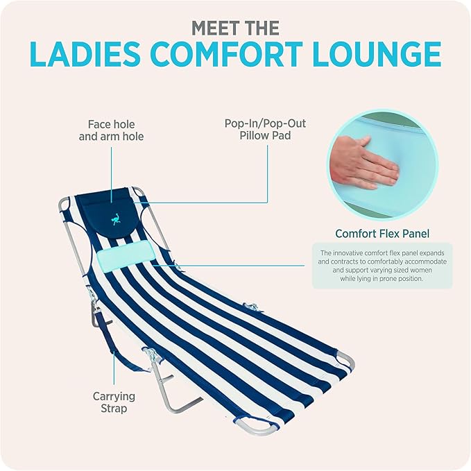 Ostrich the Ladies Comfort Lounger with Chest Support, Foldable & Portable Reclining Outdoor Patio Beach Lawn Camping Pool Tanning Chair, Blue Stripe