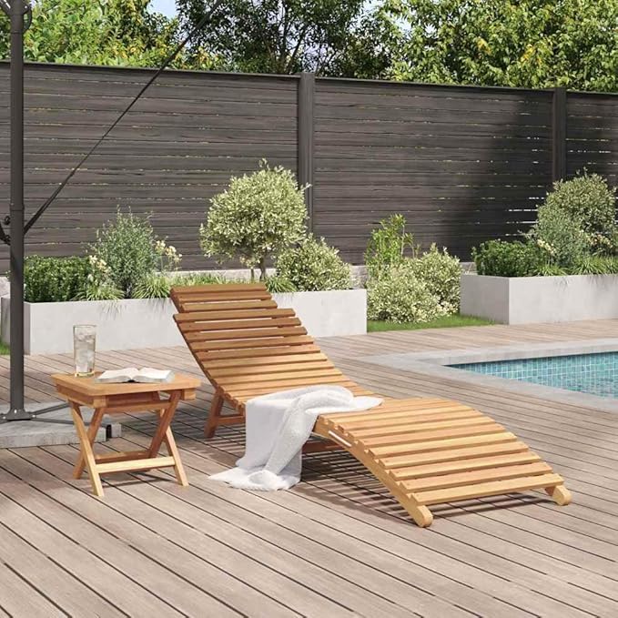 Folding Sun Lounger 2 Pcs Set with Side Table, Solid Teak Wood Outdoor Chaise Lounge Chair - Photo 4
