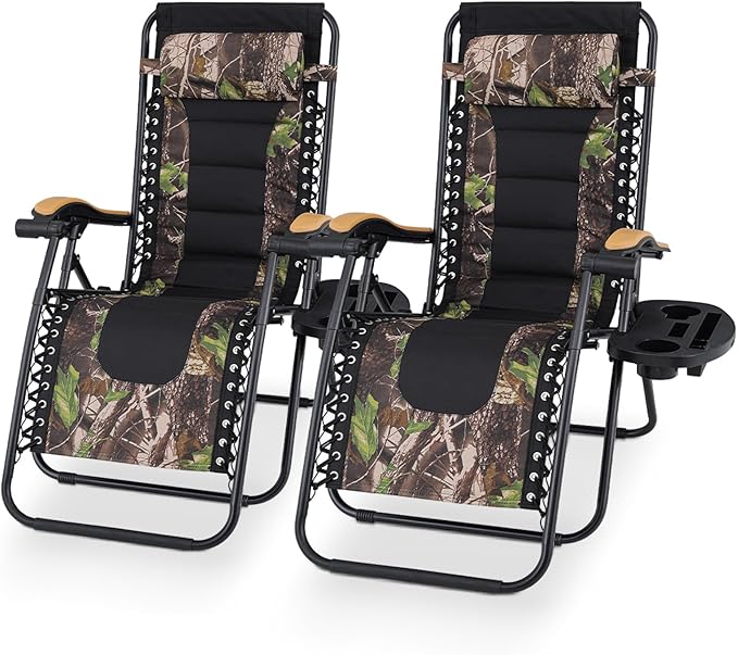 Athena Collection Zero Gravity Outdoor Lounge Chair Set of 2 with Cup Holder, 25" Width Pool Lounge Lawn Chairs Reclining, Outdoor Chaise for Beach Patio Backyard Outside, Jungle