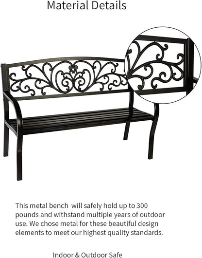 Evergreen Garden Weatherproof Outdoor Bench Blooming Garden | Holds Up to 300 lbs. | Furniture for Lawn Garden Patio Porch Park Deck | Steel | Black