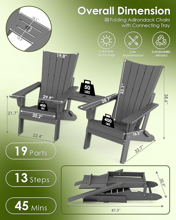 GREENVINES Folding-Adirondack-Chairs-Set-of-2 | HDPE Plastic | Arch Series | Fire Pit Chair | with Connecting Tray | Removable Table | All Weather | for Outdoor Patio Deck Poolside | Grey