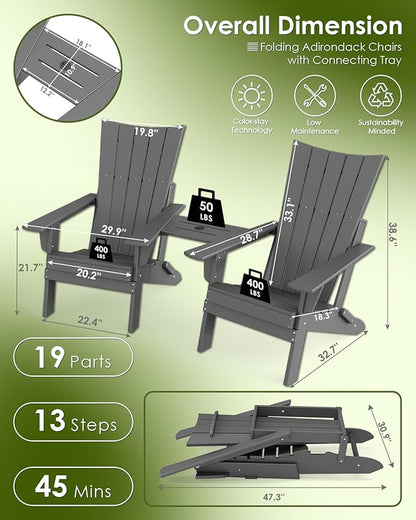 GREENVINES Folding-Adirondack-Chairs-Set-of-2 | HDPE Plastic | Arch Series | Fire Pit Chair | with Connecting Tray | Removable Table | All Weather | for Outdoor Patio Deck Poolside | Grey