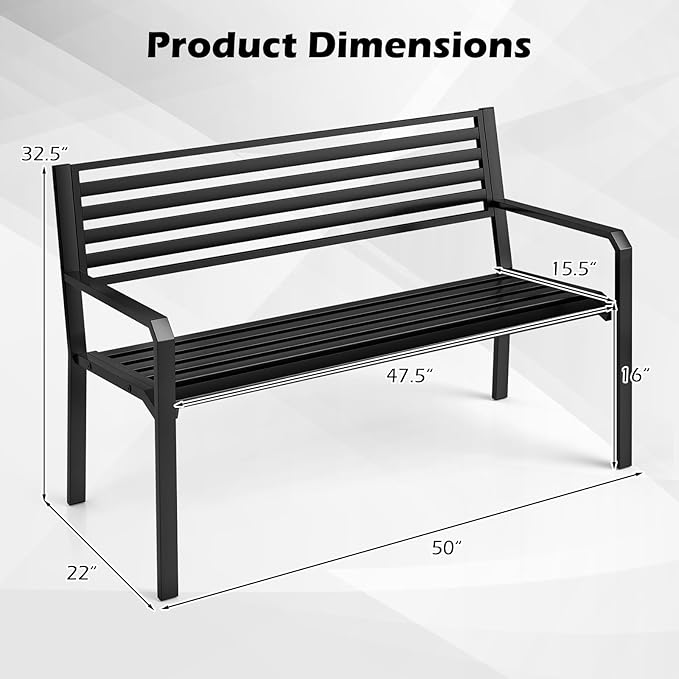 Tangkula 50” Outdoor Metal Park Bench, Patio Slatted Garden Bench for 2-3 People with Armrests & Backrest, Heavy-Duty Modern Seating for Backyard, Poolside, Porch
