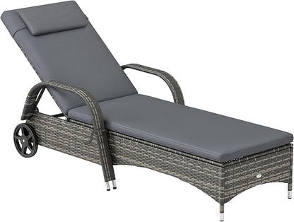 Outsunny Wicker Outdoor Chaise Lounge, 5-Level Adjustable Backrest PE Rattan Pool Lounge Chair with Wheels, Cushion & Headrest, Mixed Gray and Gray