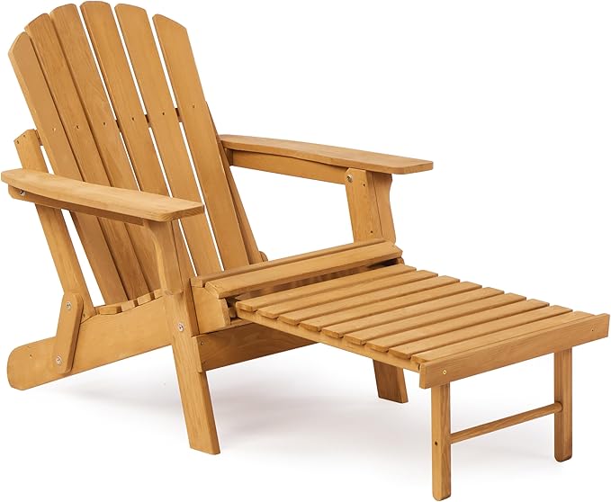 Oversized Wooden Folding Adirondack Chair with Ottoman, Pre-Assembled Backrest and Seat Board, Lounge Chair for Outdoor Patio Garden Lawn Backyard Firepit Deck Pool Beach