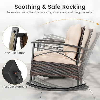 Tangkula 3 Pieces Outdoor Rocking Chairs Set, Rattan Heavy Duty Cushioned Rocker Chairs with 2-Tier Tempered Glass Coffee Table, for Garden, Balcony, Backyard (Beige)