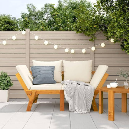 2-in-1 Convertible Garden Bench Cream White Solid Acacia Wood Adjustable Armrests Outdoor Seating for Patio Porch Balcony 29.1 x 80.7 x 26 in