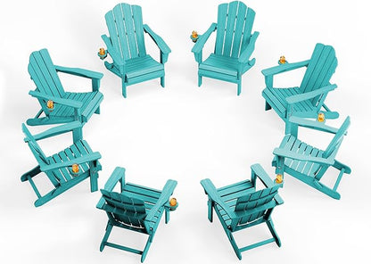 KINGYES Folding Adirondack Chair Set of 8, HDPE All-Weather Patio Chairs with Cup Holder, Wooden Textured Fire Pit Chairs for Poolside, Backyard, Deck, Aruba