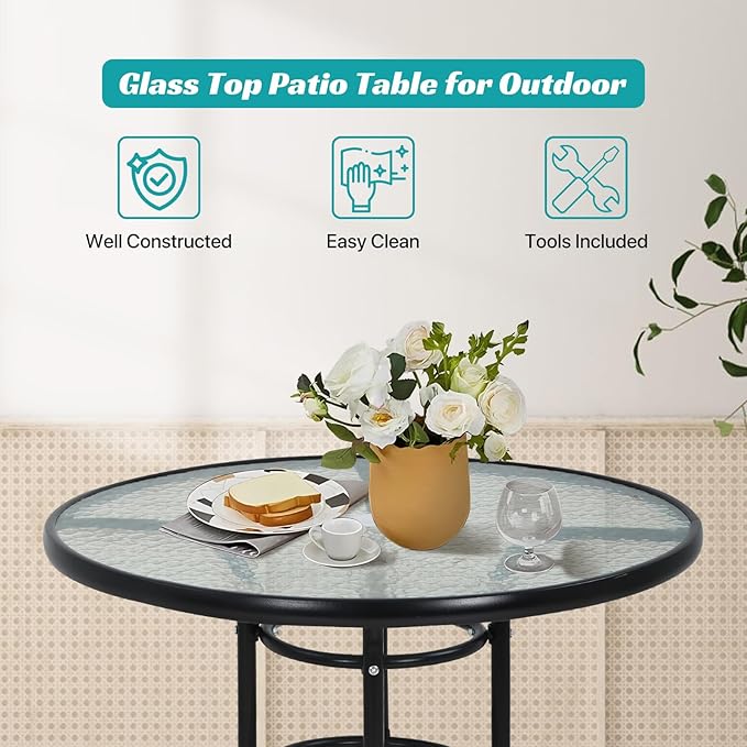32" Round Outdoor Dining Table - Tempered Glass Top with Umbrella Hole, Weather-Resistant Metal Patio Table for Backyard, Poolside, Balcony, Garden - Black
