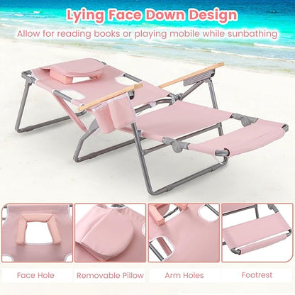 Goplus 3-in-1 Foldable Beach Chair, Lay-Flat Tanning Chair with Face and Arm Holes, Footrest, 330 lbs Heavy-Duty Portable Reclining Lounge Chairs for Outside, Camping, Patio, Poolside, Lawn (1,Pink)