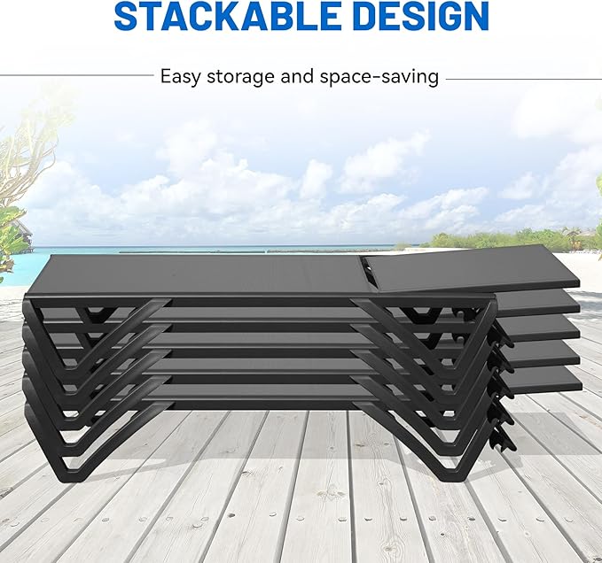 Outdoor Lounge Chairs Set of 2, Aluminum Pool Lounge Chairs with 5 Adjustable Backrest and Side Table, Full Flat Patio Lounge Chair for Sunbathing & Tanning, Poolside, Patio, Beach -Dark Grey