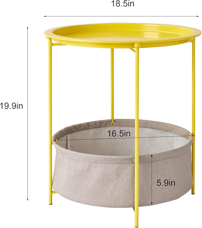 VECELO Round Side/End Table with Fabric Storage Basket，Metal Anti-Rust and Waterproof Small Bedside Nightstand with - Photo 3