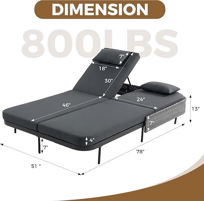 NICESOUL Double Chaise Lounge Outdoor, 51.2" Wide 2-Person Daybed with Independent Recline - Photo 2