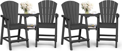 Ciokea Tall Adirondack Chairs Set of 4, HDPE Outdoor Adirondack Bar Stools with Double Connecting Tray, Weather Resistant High Back Adirondack Balcony Chairs for Deck, Lawn, Pool, Backyard, Dark Gray
