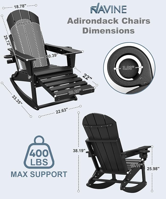 Adirondack Rocking Chairs Set of 6 with Retractable Ottoman, All Weather Folding Adirondack Chair with Two Cup Holders, Adirondack Outdoor Rocking Chairs for Porch, Patio, Balcony. Black