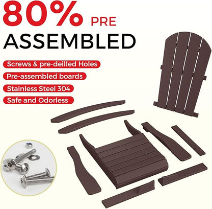 Costaelm Outdoor Adirondack Chair Set of 2, All Weather Resistant Classic Balcony Chair and Fire Pit Chairs, Plastic Outdoor Porch Furniture Rocking Chair High Back HDPE Poly Lumber, Dark Brown