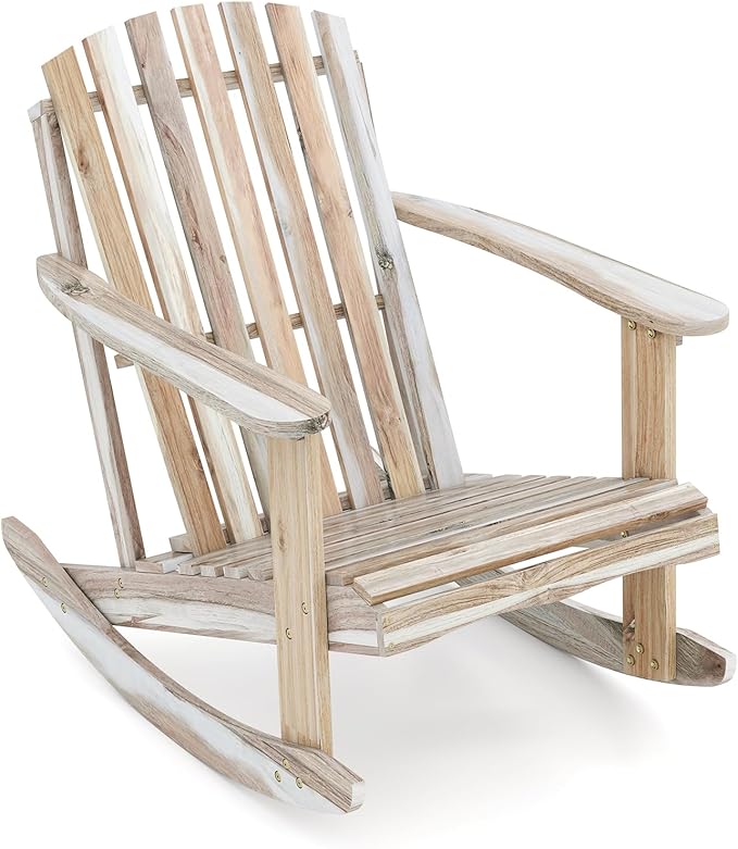 Tangkula Adirondack Rocking Chair, Acacia Wood Patio Rocker with Slatted Seat & High Fanned Back, DIY Colors. Rustic Outdoor Log Rocking Seat Furniture for Backyard, Porch, Garden (Natural, 1 Pack)