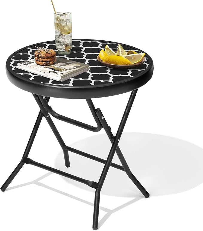 Foldable Patio Side Tables, 17.7" Small End Table Outdoor Weatherproof, Round Glass Top Outside Folding Table for Poolside, Balcony, Yard, Porch（Black and White Stripe）