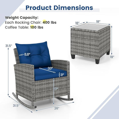 Tangkula 3 Piece Wicker Rocking Set, Patio Rattan Roker Chairs with Tempered Glass Table & Soft Cushions, Outdoor Furniture Set for Backyard, Poolside Porch (Mix Gray & Navy)