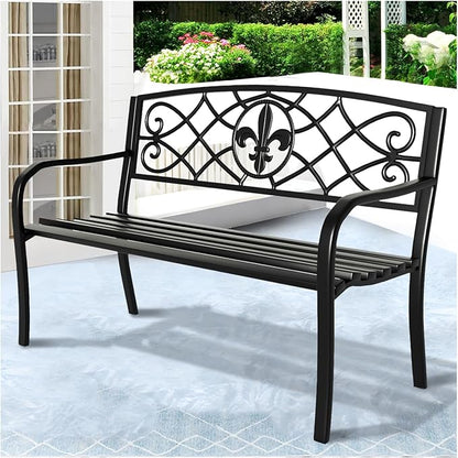 YLGJ&TIDY 50 Inches Garden Benches for Outdoor Patio Bench with Floral Pattern Backrest Armrest Weatherproof Park Benches Metal Bench for Garden Park Porch Lawn Yard (BENCH01)