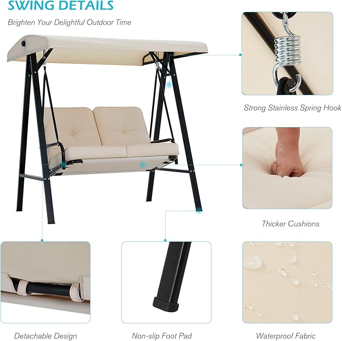 AECOJOY Outdoor Patio Swing Chair for Adults, 2-Seat Porch Swings with Adjustable Canopy - Photo 5