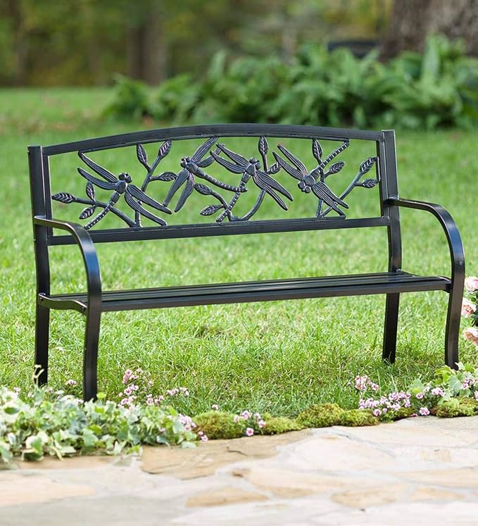 Plow & Hearth Evergreen Garden Weatherproof Dragonfly Outdoor Bench | Holds Up to 300 lbs. | Furniture for Lawn Garden Patio Porch Park Deck | Black