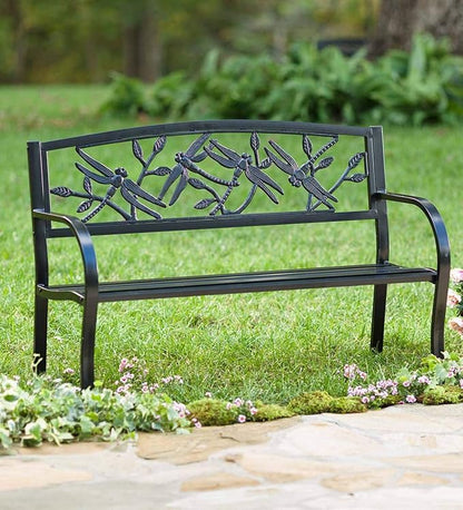 Plow & Hearth Evergreen Garden Weatherproof Dragonfly Outdoor Bench | Holds Up to 300 lbs. | Furniture for Lawn Garden Patio Porch Park Deck | Black