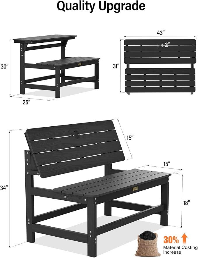 YEFU Convertible Bench Picnic Table: HIPS Convert a Bench with Umbrella Hole - Foldable Space-Saving Picnic Outdoor Benches for Outside Patio Porch Backyard Park Garden Black
