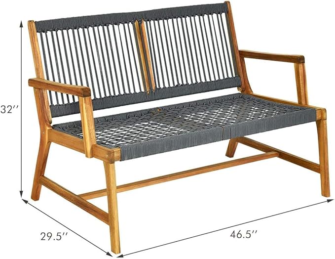 LDAILY Moccha Wood Rope Patio Bench, Modern Outdoor Acacia Park Garden Patio Furniture, 2-Person Solid Wood Patio Loveseat, Knitting Bench with Armrest & Backrest