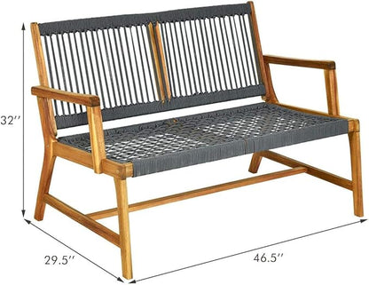 LDAILY Moccha Wood Rope Patio Bench, Modern Outdoor Acacia Park Garden Patio Furniture, 2-Person Solid Wood Patio Loveseat, Knitting Bench with Armrest & Backrest