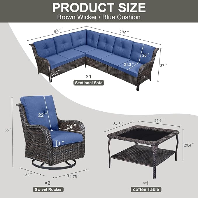 Belord Patio Furniture Set 6 Seats, Outdoor Swivel Rocker Patio Chairs, Oversized Outdoor Sectional Couch - Photo 2