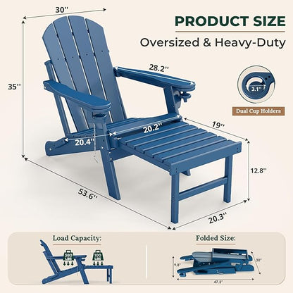 BRIOPAWS Adirondack-Chairs-with-Pull-Out-Footrest | Set of 4 | Folding | HDPE Plastic | Fire Pit Chair | All Weather | Cup Holders | Curved Back | Retractable Ottoman | for Poolside Deck | Blue