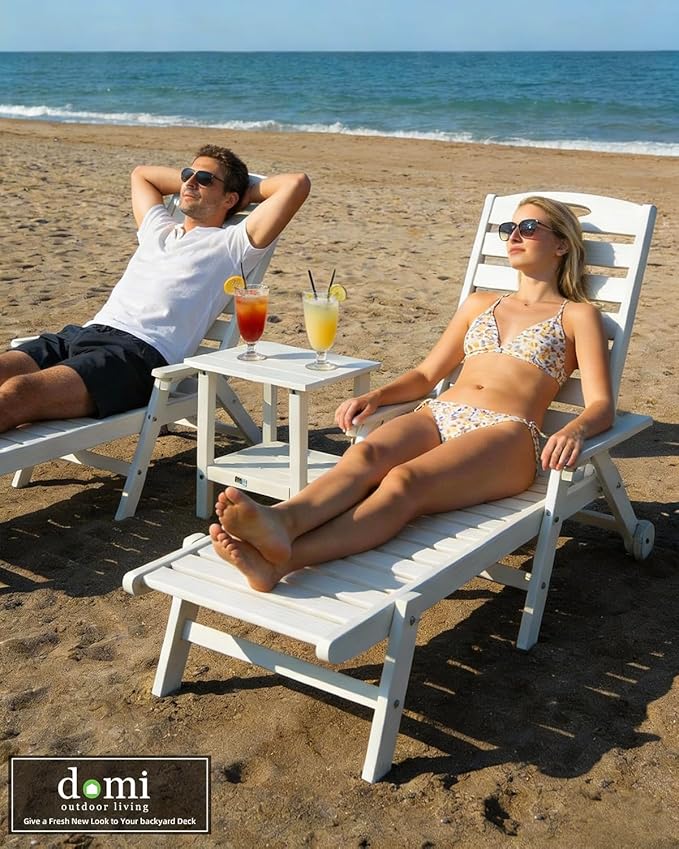 Domi Pool Lounge Chairs Set of 2 with Table, HDPE Outdoor Chaise Lounge Chairs for Outside, Pool Loungers for Poolside, Patio, Sunbathing Tanning, White