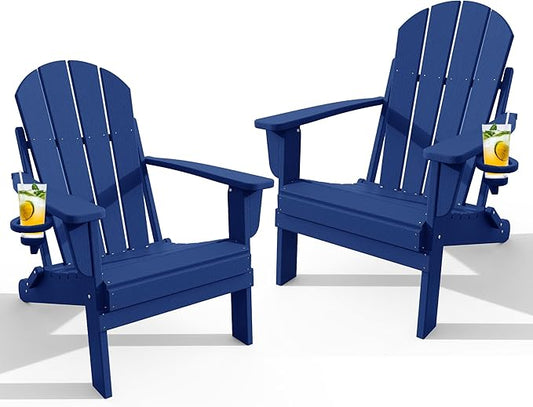 Adirondack Chair with Cup Holder Set of 2, Folding HDPE Patio Chairs, Outdoor Plastic Fire Pit Chair, Wood Texture, Lawn Chairs for Deck, Porch, Backyard, Garden, Navy Blue