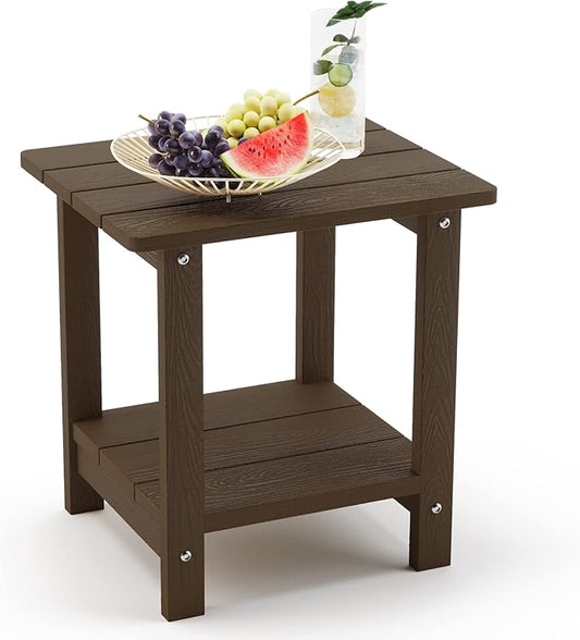 LUE BONA Adirondack Outdoor Side Table, 2-Tier Dark Brown HDPS Patio End Table Weather Resistant,Outdoor Morden Side Table for Patio, Pool, Porch
