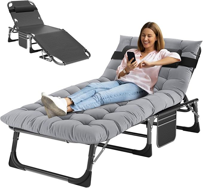 MOPHOTO Folding Chaise Lounge Chair 5-Position, Folding Cot, Heavy Duty Patio Chaise Lounges for Outside, Poolside - Photo 1