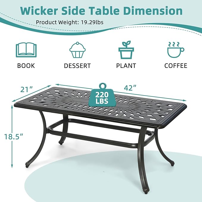 MEETWARM Outdoor Coffee Table, All-Weather Cast Aluminum 42" Rectangle Patio Coffee Table, 220 LBS Heavy Duty Patio Side Table for Balcony Poolside Deck Garden & Indoor Use, Dark Bronze
