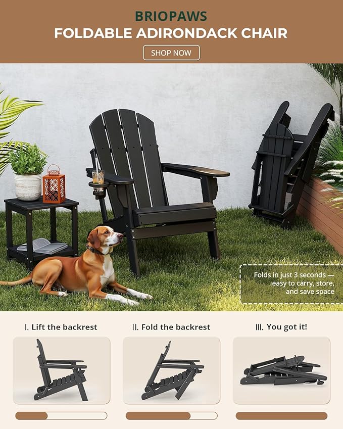 BRIOPAWS Folding-Adirondack-Chairs Set of 6 | HDPE | Fire Pit Chair | Cup Holder | Weather Resistance | Black | for Outdoor Backyard Deck Patio