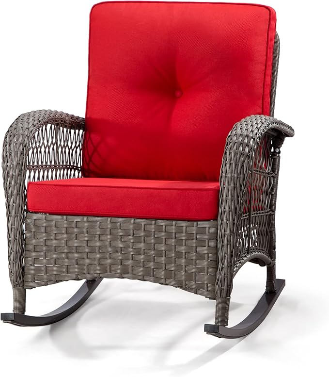 Patio Rocking Chair - Outdoor Rocker Chair with Safe Rocking Design, Metal Frame All Weather Wicker and Premium Fabric Cushions (Mixed Brown/Red)
