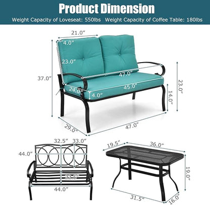 RELAX4LIFE Patio Loveseat with Coffee Table - 2-Piece Patio Conversation Sofa Set w/Backrest & Cushions, Modern Outdoor Glider Bench for Garden, Backyard, Poolside, Metal Porch Furniture (Turquoise)