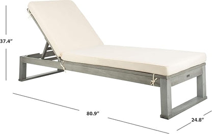 SAFAVIEH Outdoor Collection Solano Grey Solid Wood/Beige Cushion Patio Adjustable Chaise Lounge Chair (PAT7024E)