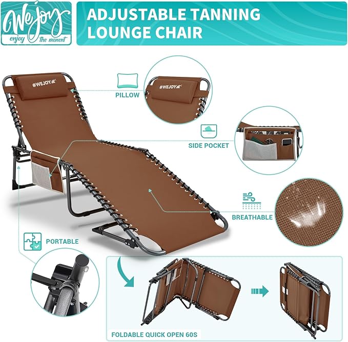 #WEJOY Folding Lounge Chair Outdoor, 5-Position Adjustable Sunbathing Tanning Chair with Shoulder Strap & Side Pocket - Photo 4