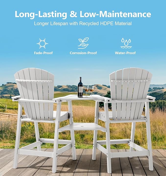 PASAMIC Tall Adirondack Chairs Set of 2, All-Weather HDPE Bar Height Patio Chairs with Double Tray - Photo 5
