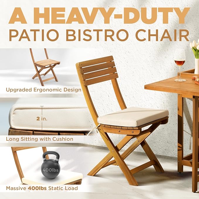 IDZO Natural 3-Piece Bistro Set: Foldable 400lbs Chairs, 220lbs Shelf Table, FSC Acacia Wood, Washable Cushions - Photo 2