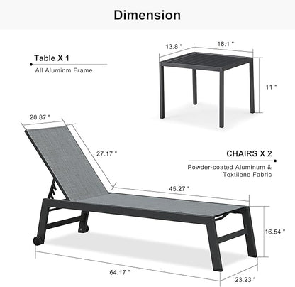 PURPLE LEAF Patio Chaise Lounge Set 4 Pieces Aluminum Outdoor Lounge Chairs with Wheels and Side Table Sunbathing Recliner Mixed Grey
