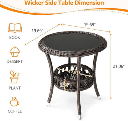 VINGLI Outdoor Wicker Side Table, Patio Side Tables for Outside Tempered Glass Top Wicker Table with Storage End Table for Balcony Porch Deck (Dark Brown)